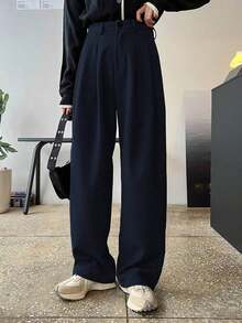 Pantalones rectos plisados de unicolor para mujer, pantalones de vestir casuales de otoño - Azul marino - Ver 3