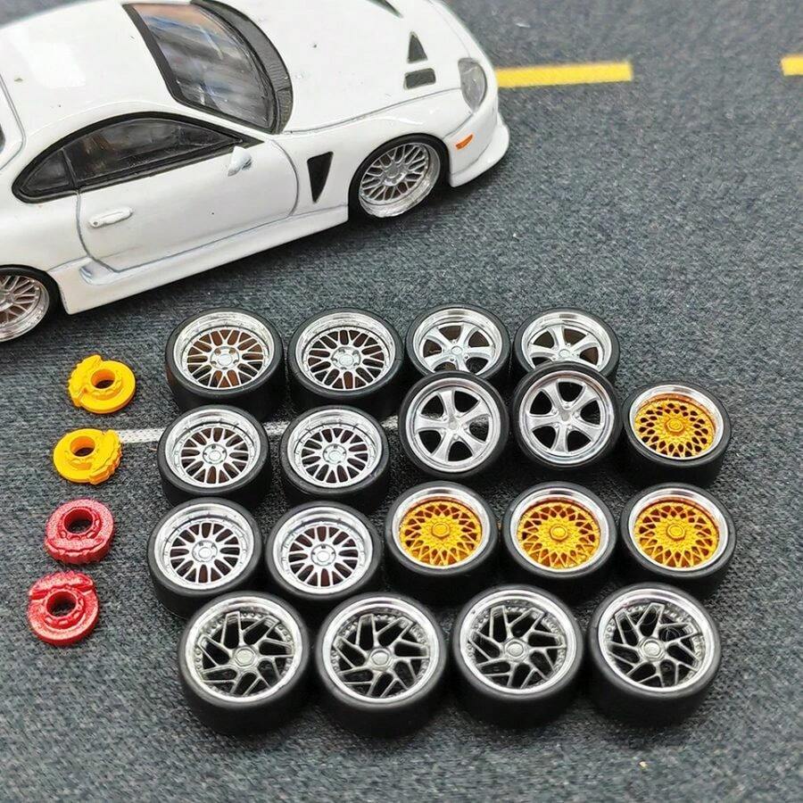 Llantas de ruedas de coche modelo a escala 1: 64, 4 Uds. 1 Juego de llantas de resina impresas en 3D con neumáticos de goma para  MINI GT  JDM, actualización de coche - BBS E88 Plata - Ver 1