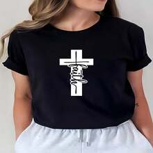 1 pieza de playera de manga corta 100% algodón, cuello redondo casual con estampado, regalo perfecto para reuniones familiares y en iglesias, manga corta transpirable para uso diario - Negro - Ver 2