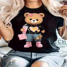1 pieza de Playera corta 100% algodón, cuello redondo casual con estampado, adorables ositos de peluche y manga corta de color rosa claro, manga corta transpirable para uso diario - Negro - Ver 2