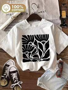 Camiseta Blanca de Algodón Puro de 180g para Mujer, Suave y Cómoda, con Diseño Floral, Negra, Rectangular.Elegante y transpirable, perfecto para usar durante todo el año. - Blanco - Ver 6