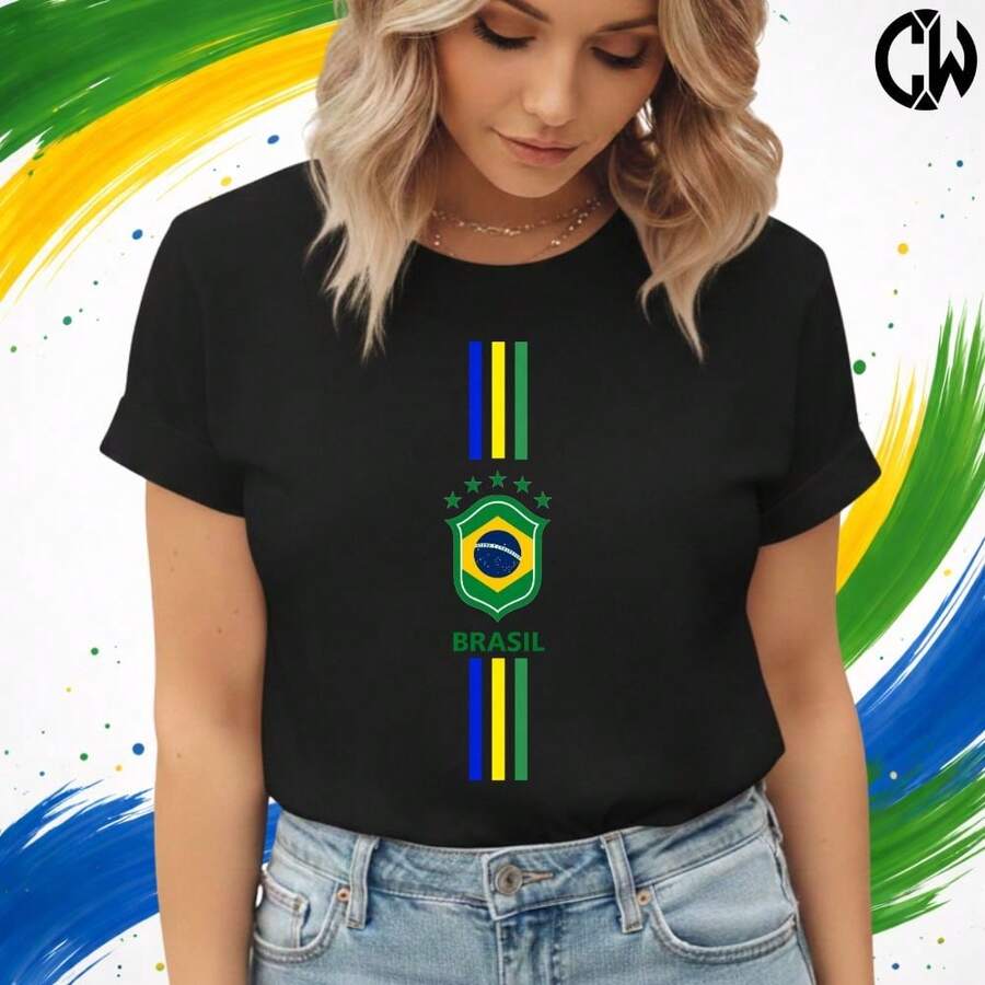 Brazil World Cup Soccer T-Shirt - New Release - 100% Cotton - 黑色 - 查看 1