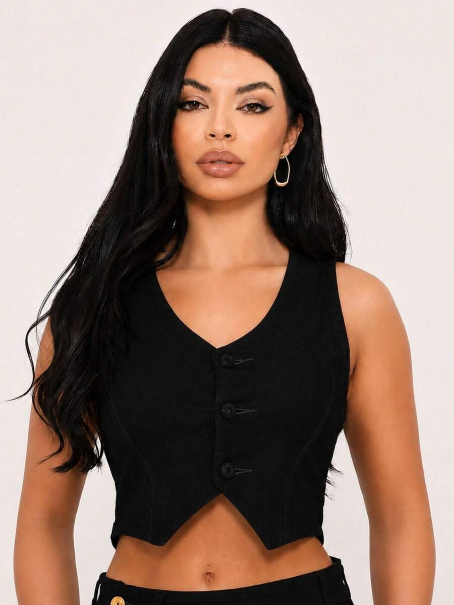 Denim Blazer Vest With Tank Top And Lycra - Hitam - View 1