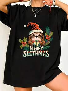 Camiseta de Mujer de Talla Grande, Estampado de Perezoso Navideño con Letras, Manga Corta y Cuello Redondo, Ideal para Primavera y Verano, Tejido Ligero y Transpirable, Camiseta Casual de Moda en Material Elástico - Negro - Ver 6