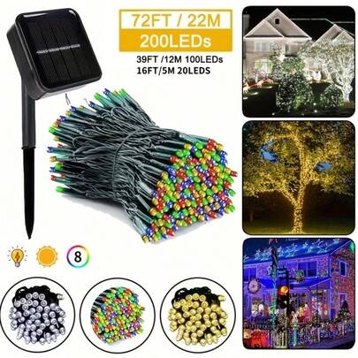 1 Bộ đèn dây năng lượng mặt trời, 20/50/100/200 hạt LED, 8 chế độ nhấp nháy, dài 22m/12m/7m/5m, chống thấm nước, đèn trang trí vòng hoa năng lượng mặt trời, trang trí sân vườn, đám cưới, Giáng sinh ngoài trời.