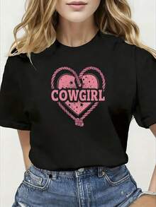 Camiseta negra con diseño de corazón rosa |   COWGIRL en letras rosas llamativas, borde de cuerda, pequeños detalles de estrellas |   Camiseta casual de verano para mujer, transpirable, de corte regular, cuello redondo, manga corta - perfecta para el estilo de vaquera - Camiseta unisex de algodón holgada de manga corta y cuello redondo estilo vintage urbano. - Blanco - Ver 7