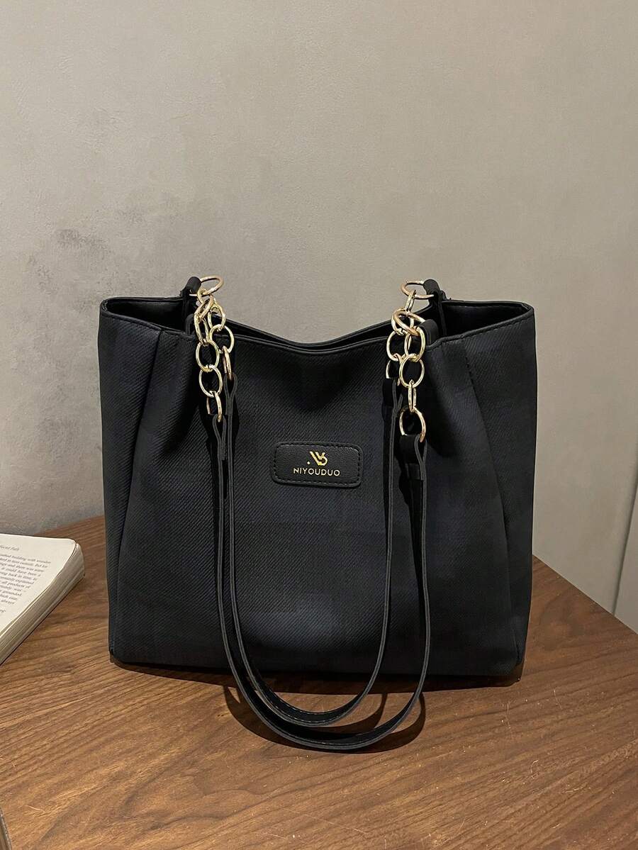 2026 New Large Capacity Tote Bag For Women, Casual Versatile Handbag, Korean Fashion Plaid Shoulder Commuter Bag - Black - View 1
