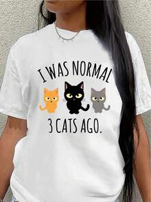 Camiseta de manga corta ligera y duradera, con un diseño divertido que dice "Antes de los Tres Gatos, yo era normal", perfecta para el hogar, cafeterías o salidas informales, ofreciendo una experiencia de uso cómoda para el día a día. - Blanco - Ver 7