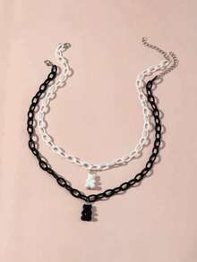 2 Stück/Set Mädchen Bären Kette Halskette, tägliches dekoratives Halsketten Set - Schwarz und Weiss - Übersicht 6