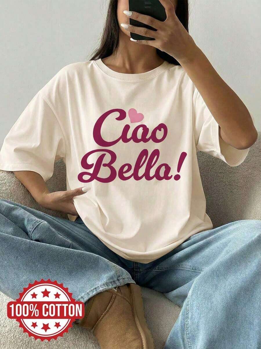 Women's Casual, Loose-Fitting Summer T-Shirt With A Sweet Style, Featuring A Heart And The Words 'CIAO BELLA' Printed On A Short-Sleeved, Crew-Neck T-Shirt With A Relaxed Fit. This Unisex, Urban Vintage Style T-Shirt Is Made Of Cotton And Has Short Sleeves And A Crew Neck. Suitable For Spring, Summer, And Autumn. - 杏色 - 查看 1