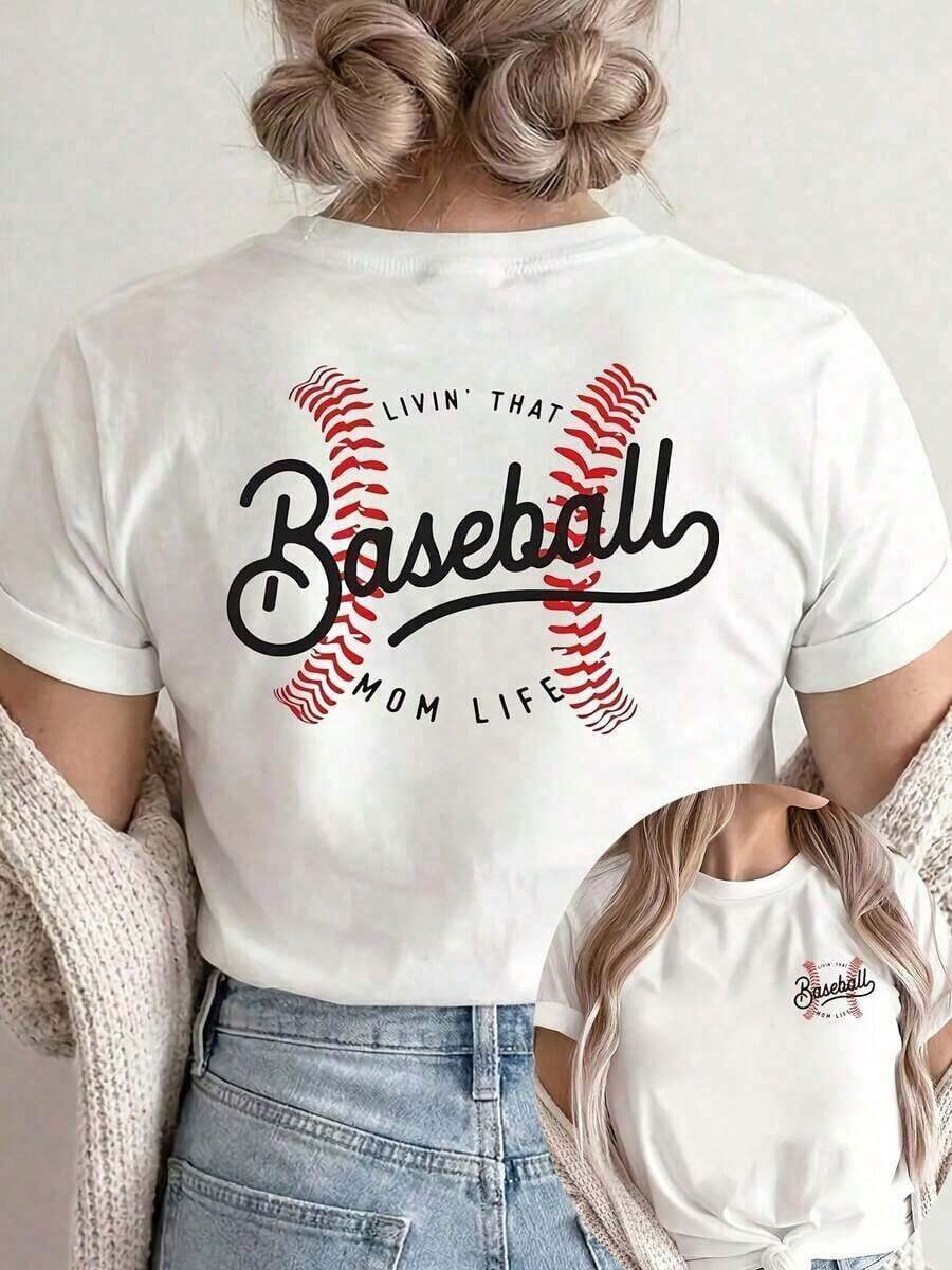 Summer T-Shirts [Double-Sided Print] Women's Short-Sleeve Crew Neck T-Shirt, Casual Style, With Baseball Stitching And The Text "LIVIN' THAT MOM LIFE", Machine Washable, Suitable For Casual Wear, Multipurpose Clothing, Fashionable T-Shirt, Comfortable Material, For Style Enthusiasts, Loose And Comfortable For Summer. - 白色 - 查看 1