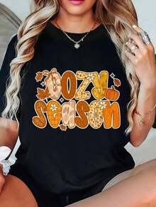 Camiseta de Verano para Mujer Cozy-Season-Fall, Tejido Suave y Cómodo, Ropa de Verano Casual y Versátil, Adecuada para Regalos de Halloween - Estilo Urbano Vintage, Camiseta Unisex de Algodón Holgada de Manga Corta y Cuello Redondo, blusas para mujer. blusas.blusas casuales para dama. - Negro - Ver 7