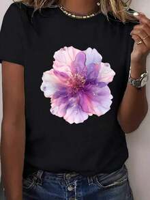 Camiseta floral elegante de mujer - Diseño artístico en 3D - Estilo casual para uso diario - Disponible en tallas S, M, L, XL y color negro - Ropa femenina de moda - Alta comodidad y suavidad - Negro - Ver 1