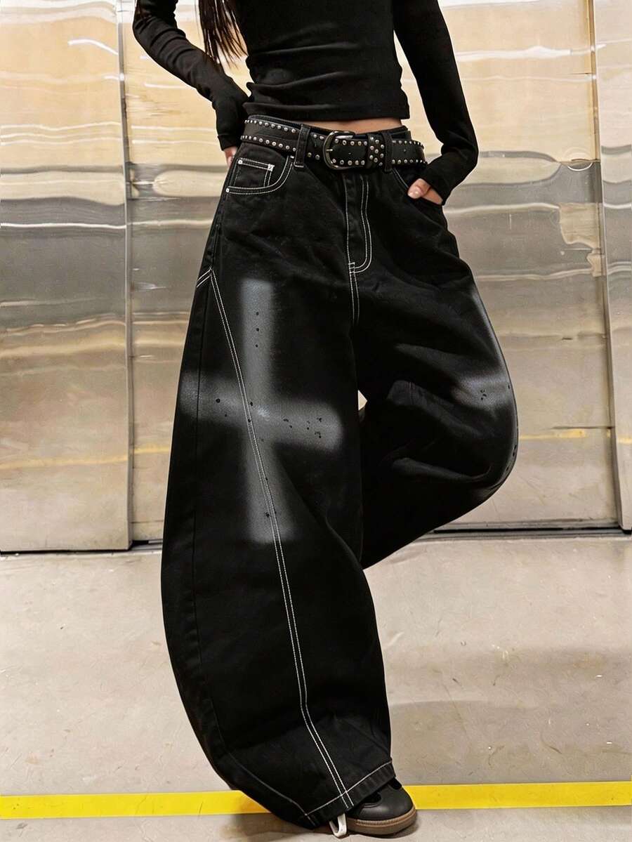 1 chiếc quần jeans ống rộng thoải mái dáng rộng, phong cách đường phố Nhật Bản, phối patchwork, vẽ tay họa tiết dao cong, casual - màu đen - Xem 1