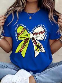 CHICLY19 Camiseta de Algodón con Estampado de Moño para Mamá de Béisbol y Sóftbol, Camiseta Deportiva para Mujer con Frases de Mamá, Top Negro Casual de Manga Corta y Cuello Redondo de Corte Holgado, Camiseta de Algodón con Estética Deportiva para Mamás de Béisbol y Sóftbol, blusa casual mujer, playeras de mujer algodón - Azul - Ver 12