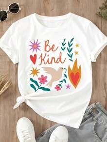 Camiseta Casual para Mujer con Estampado de Flores y Corazones "Be Kind With Do-Ve" para Uso Diario - Blanco - Ver 2