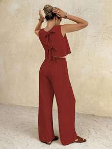 Frenchy Conjunto de 2 piezas de top de tirantes y pantalones de unicolor casual para vacaciones de mujer - Color caoba 2 - Ver 1