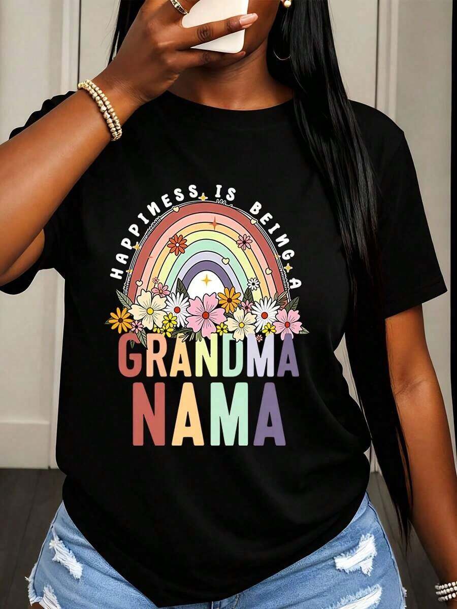 Camiseta de Mujer con Estampado Floral Arcoíris 'La Felicidad Es Ser Abuela Nama', Ropa Casual de Verano para Mujeres - Negro - Ver 1