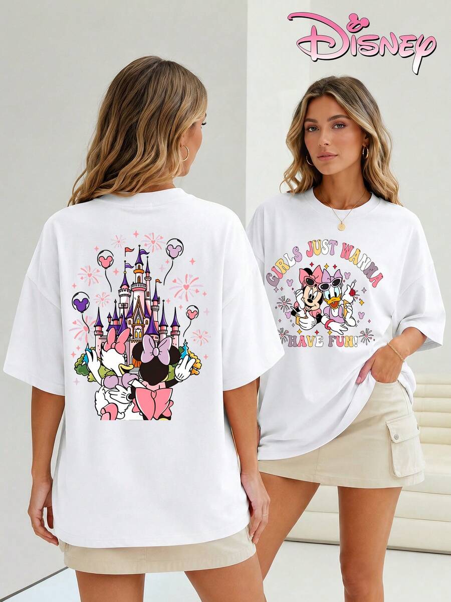 Women's Pure Cotton T-Shirts With Disney Minnie Mouse Castle Fireworks Print. Double-Print Design On The Front And Back, Sweet And Girly Style, Suitable For Theme Park Outfits, Dates, And Outings With Friends. - 白色 - 查看 1