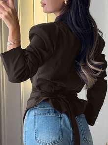 女款休閒通勤不對稱綁帶收腰西裝外套，秋冬款 - 咖啡棕 - 查看 7