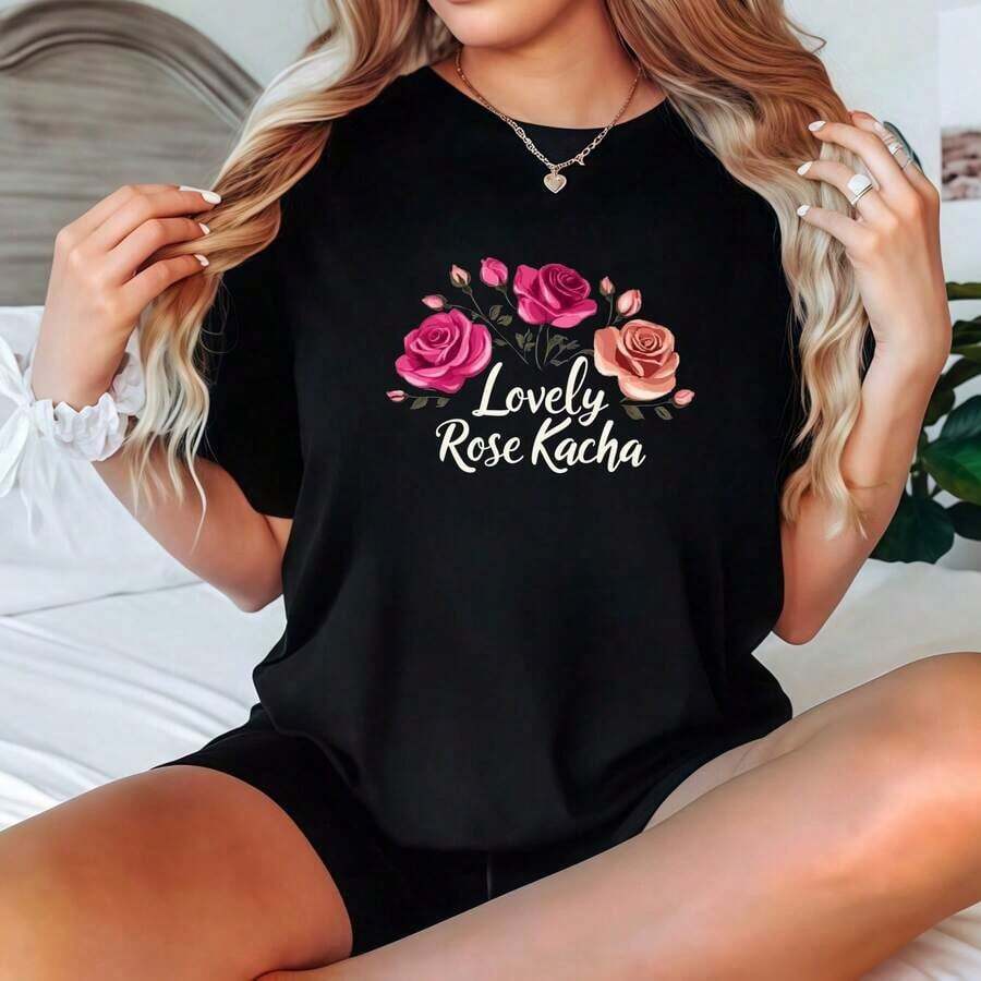Camiseta Negra de Manga Corta con Estampado y Encantador Texto Kocha, Ropa Casual, Playera Holgada para Mujer - Negro - Ver 1
