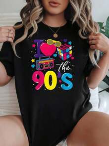 Camiseta de Mujer Estilo Retro de los 90, Opciones en Blanco y Negro, Estampado Love 90s, Camisetas Casuales para Uso Diario, Tops de Verano, Camisetas Gráficas, Conjuntos de Verano para Mujer, Camisetas Cortas para Mujer, Tops Vintage de Algodón, Ropa Linda para Mujer, Playera Holgada para Mujer - Negro - Ver 7