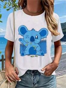 1 camiseta de mujer con estampado gráfico de un lindo koala azul con hojas, 180g, 100% algodón. - Blanco - Ver 1