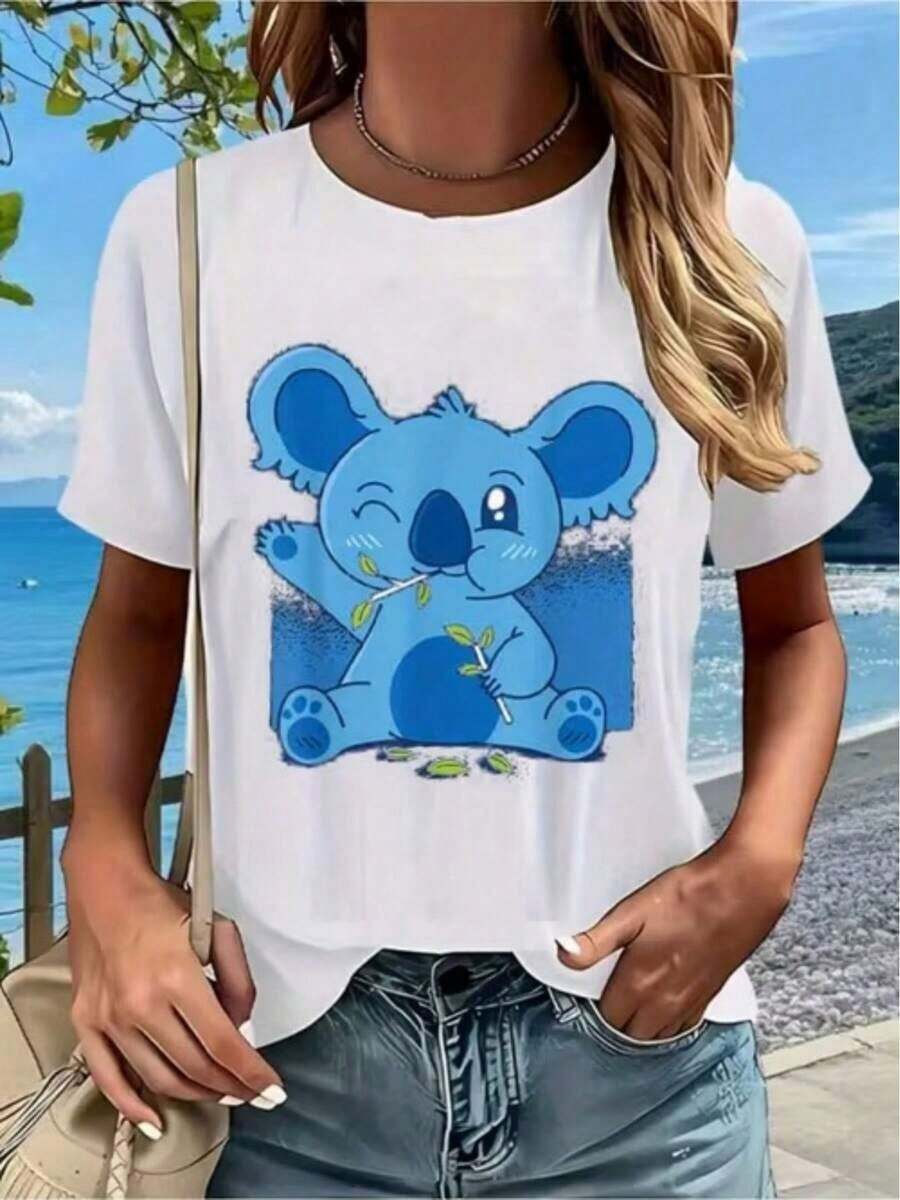 1 camiseta de mujer con estampado gráfico de un lindo koala azul con hojas, 180g, 100% algodón. - Blanco - Ver 1