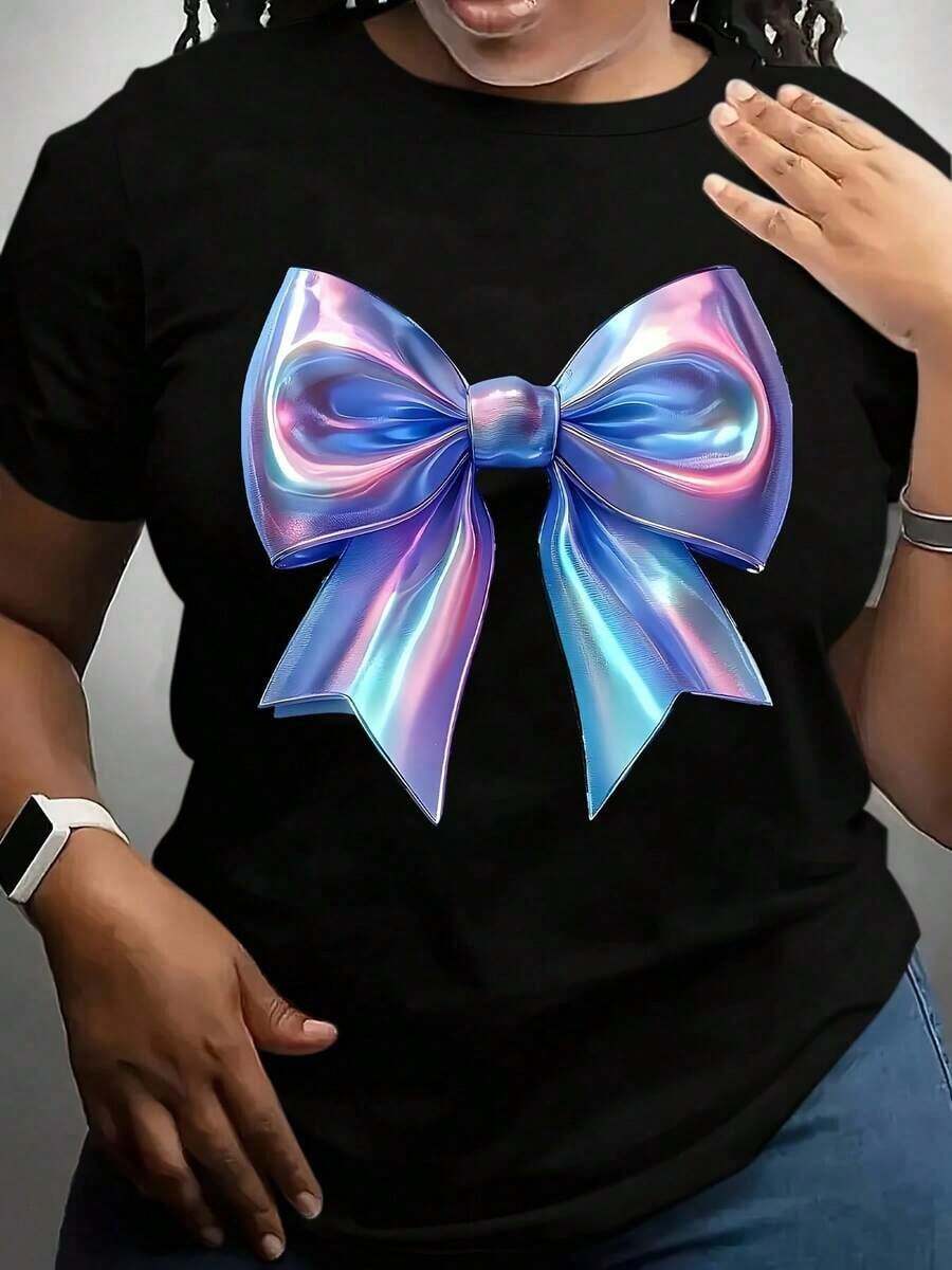 100% algodón, camiseta de mujer, camiseta negra de manga corta para mujeres de talla grande, con estampado de lazo de colores del arcoíris, top casual y a la moda, ideal para uso diario. - Negro - Ver 1