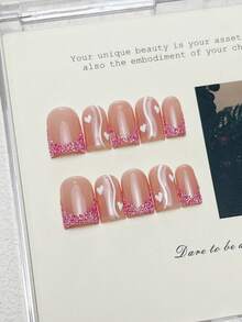 10pcs Handmade Square Press-On Nails, Acrylic Short Pink Nails With Glitter French Tip Line Heart Design, Y2K Summer DIY Fake Nail Art, Suitable For Party, Daily, Date, Beach Tropical Vacation Outfit, Women Girls Gift Nail Supplies - Pink - View 5