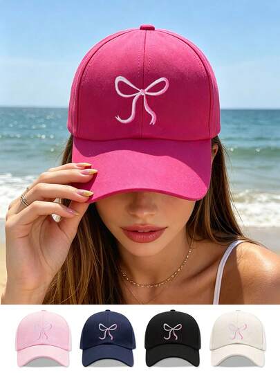 1Pc Summer Casual Baseball Cap With Bow Pattern, Women's Adjustable Sun Protection Hat, Soft Top Simple Breathable Visor Cap For Outdoor Travel & Beach, Unisex, Style Sun Hat( Multiple Colors Available:Black Pink Navy Blue Off-White Rose Red)