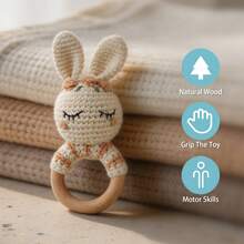 1pc Handmade Woven Rabbit Rattle - Soft Plush Rabbit Ring Toy, Suitable For Infants And Toddlers, Mixed Textile Colors, Easy To Grip, Attract Baby's Attention, Soothing Rattle Sound, Suitable For Nursery Decor, Cognitive Development, Suitable For Easter, Christmas, Birthday And Newborn Gifts, Easter Basket Stuffers - Multicolor - View 1
