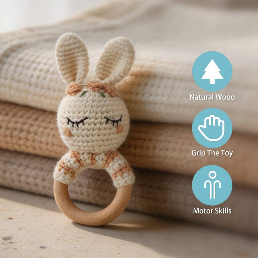1pc Handmade Woven Rabbit Rattle - Soft Plush Rabbit Ring Toy, Suitable For Infants And Toddlers, Mixed Textile Colors, Easy To Grip, Attract Baby's Attention, Soothing Rattle Sound, Suitable For Nursery Decor, Cognitive Development, Suitable For Easter, Christmas, Birthday And Newborn Gifts, Easter Basket Stuffers - Multicolor - View 1