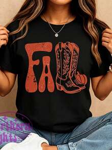 Western-Style Cotton T-Shirt For Autumn, Autumn T-Shirt, Grunge Style Autumn T-Shirt, Autumn Sublimation Design With Western-Style Cowboy Boots, Autumn Season PNG Image, Retro Autumn T-Shirt With Pumpkin, Short-Sleeved Cotton T-Shirt, Classic Style, Thick Cotton, Graphic Print, Casual For Women. - 黑色 - 查看 7