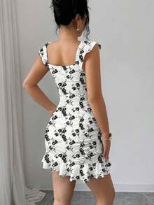 de línea A con volantes en el bajo con estampado floral vintage, elegante y sexy estilo francés con volantes en el bajo, vestido ajustado que cintura la silueta, adecuado para citas, vacacio - Blanco y Negro 3 - Ver 10