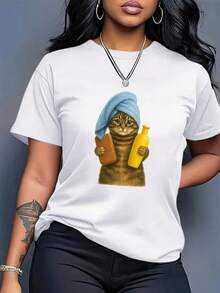 Plus Size Crew Neck - Funny Cat Print Bathroom T-Shirt - Loose Fit Toilet Paper And Bottle Design, Soft Casual Shirt For Everyday Wear, Suitable For Casual Wear, Spring And Summer Wardrobe Essential - Fun Bathroom Decoration On Everyday T-Shirts, Casual Wear, Funny Print T-Shirts, Loose Fit T-Shirts, Spring Fashion, Bohemian Style, Breathable Material, Printed T-Shirts, Women's Clothing, Casual Women's Blouses - 白色 - 查看 7