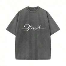 Camiseta con efecto lavado ácido, estampado de fe cristiana, estilo casual de talla grande, camisetas de verano para mujer, conjuntos de verano para mujer, camiseta básica unisex. - Gris - Ver 6