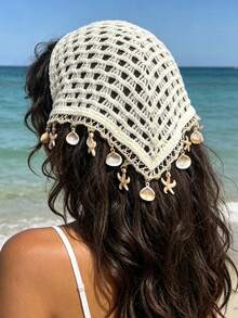 1pc Fashionable Sweet Cute Bandana Beige Hollow Knit Cherry Print Triangular Scarf Summer Hair Accessories Beach Hair Band Vacation Headband - Multicolor - View 10