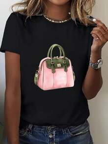 Cuello Redondo Talla Grande - Camiseta de Mujer de 200 g/m² de Tejido Grueso - Camiseta Estampada de Corte Holgado, Diseño de Bolso Rosa, Top de Manga Corta con Cuello Redondo Transpirable, Adecuada para Uso Casual y Formal - Moda de Verano Estilo Bohemio, Camisa Versátil Elegante para Todas las Temporadas, Camiseta de Mujer, Comodidad Diaria, Ropa Casual a la Moda, Camisa de Textura Suave, Tela Cómoda, Camisa Elegante, Material Ligero, Camisa a la Moda, Blusas Casuales de Mujer. - Negro - Ver 1
