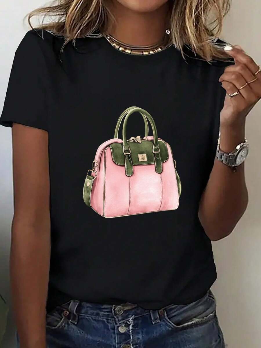 Cuello Redondo Talla Grande - Camiseta de Mujer de 200 g/m² de Tejido Grueso - Camiseta Estampada de Corte Holgado, Diseño de Bolso Rosa, Top de Manga Corta con Cuello Redondo Transpirable, Adecuada para Uso Casual y Formal - Moda de Verano Estilo Bohemio, Camisa Versátil Elegante para Todas las Temporadas, Camiseta de Mujer, Comodidad Diaria, Ropa Casual a la Moda, Camisa de Textura Suave, Tela Cómoda, Camisa Elegante, Material Ligero, Camisa a la Moda, Blusas Casuales de Mujer. - Negro - Ver 1