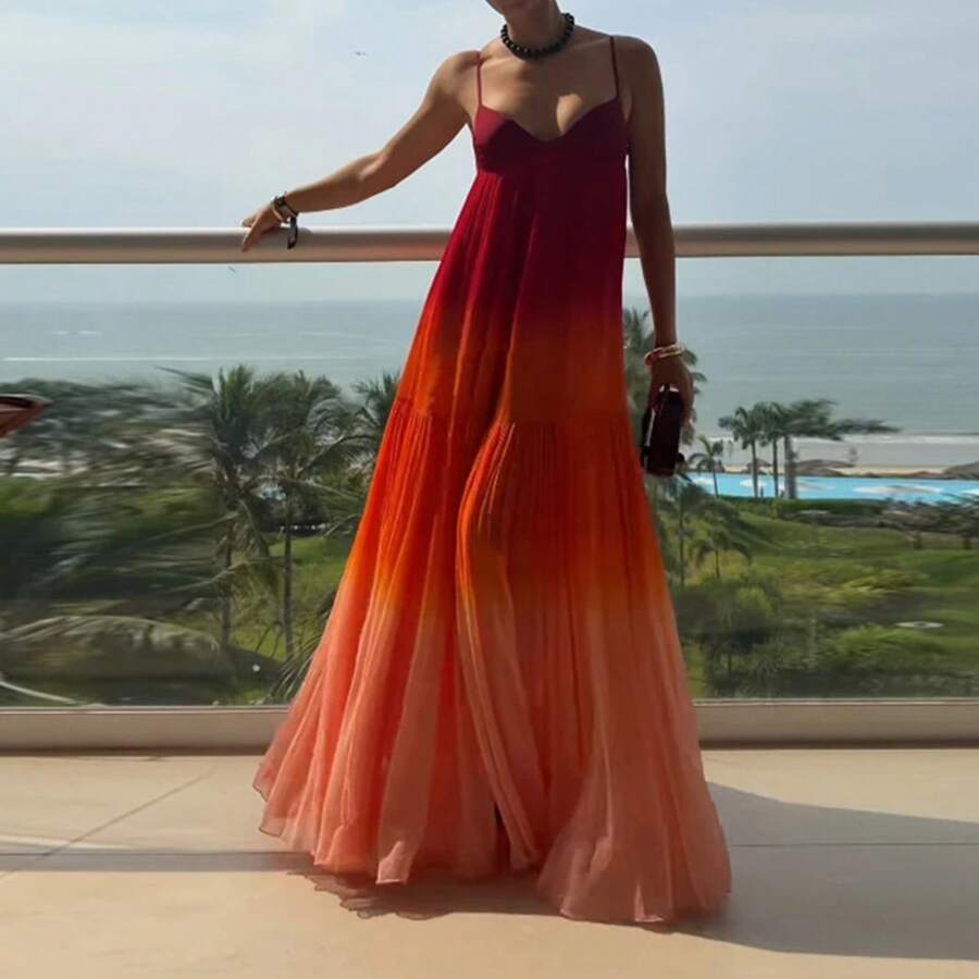 Women's Ombre Chiffon Maxi Dress - Spaghetti Strap V-Neck Tiered Pleated Flowy Summer Vacation Dress - 紅色 - 查看 1