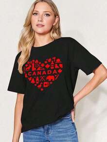 Nueva Camiseta Casual de Verano para Mujer, Diseño de Hoja de Arce y Bandera de Corazón de Canadá, Estilo Vintage Urbano, Unisex, 100% Algodón, Manga Corta, Cuello Redondo, Ajuste Holgado - Negro - Ver 3