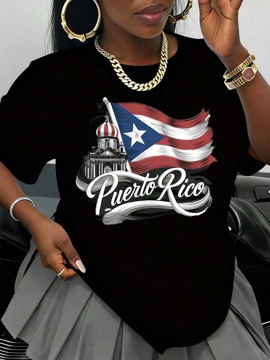 Camiseta con Gráficos de la Bandera de Puerto Rico y el Edificio del Capitolio para Mujeres y Hombres, Ropa Casual Unisex, Ropa de Orgullo Puertorriqueño, Regalo para el Día Nacional, Camiseta Blanca, playeras de mujer - Negro - Ver 1