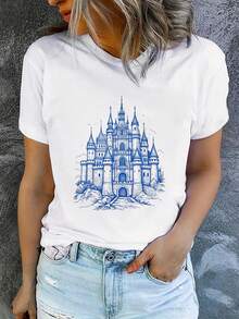 Women's Printed Short-Sleeved T-Shirt With Round Neck, Modern And Casual, Machine Washable, Comfortable Fit, 2D Flat Print, Casual 2D Blouses For Women. - 白色_04 - 查看 7