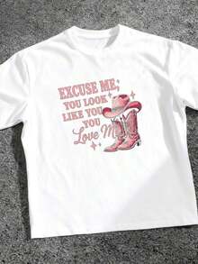 1 PcsWomen'S Playful Cowboy Boot Graphic T Shirt Excuse Me, You Look Like You Love Me Pink & White Print, Casual Round Neck, Short Sleeve, Lightweight Blend For Spring Summer Outings, We180g Cotton 100% - 白色 3 - 查看 1