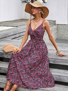 Vestido tirantes estampado escote en V cintura marcada estilo europeo - Morado - Ver 11
