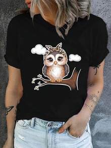 Camisetas de moda de algodón de talla grande para mujer 2026, camiseta con estampado de búho lindo y cuello redondo, top casual de manga corta para pr - Negro - Ver 7