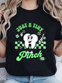 Round Neck Camiseta De Algodón 100% Con La Impresión Just A Tiny Pinch Para Dentista Y Día De San Patricio, De Cuello Redondo Y Manga Corta, Para Mujer, Informal, De Verano, Camiseta Gráfica De Moda Summer Essentials,Summer Outfits For Women,Graphic Tees Blusas Para Mujer Casual - Negro - Ver 6