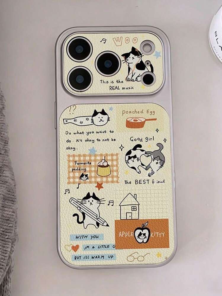 1pc Large Window Full Screen Line Bow Phone Case, White Instantly Changes To Litchi Texture, Suitable For IPhone 13/14/15/16/17 Pro/Pro Max/Plus And Other Large Window Phones - Yellow Kitten - View 2
