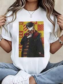 1 pieza Camiseta de Personaje Estilo Anime Warner Bros, Blanca, Cuello Redondo, Manga Corta, Estampado Gráfico con Fondo de Casa y Diseño de Túnica de Mago, 180g Algodón 100% - Blanco - Ver 12